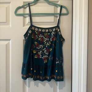 Anthropologie Teal Floral Embroidered Camisole